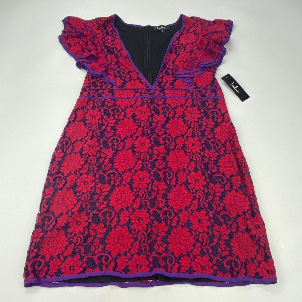 NWT Lulus Pink & Purple Floral Lace Deep V-Neck Cocktail Dress Ruffles Size XL